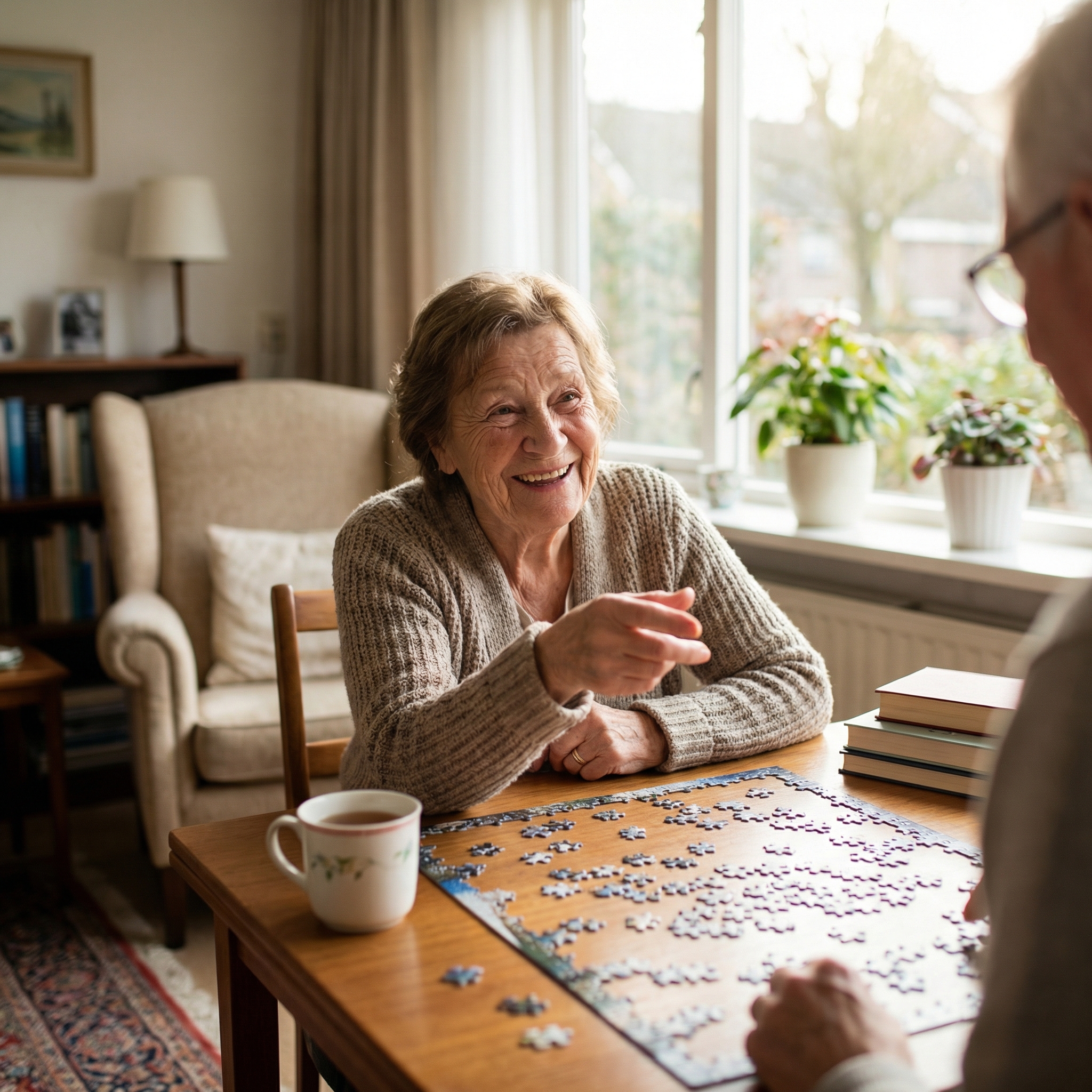 Two seniors sitting together at a table working on a jigsaw puzzle in a warm, sunlit living room