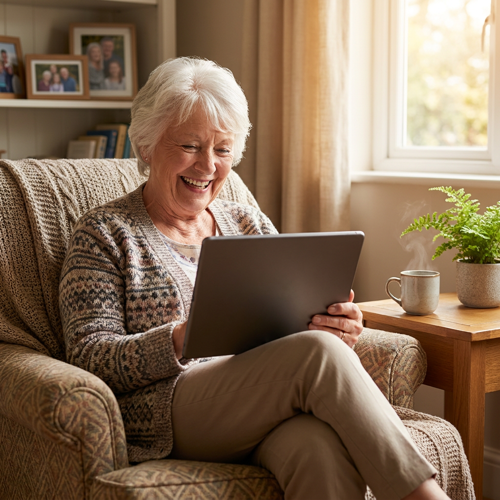 A cheerful senior woman laughing while using a tablet in a cozy armchair, the tablet angled so the screen is not visible, with a knitted throw, a mug of tea, a potted fern, and framed family photos in warm afternoon light