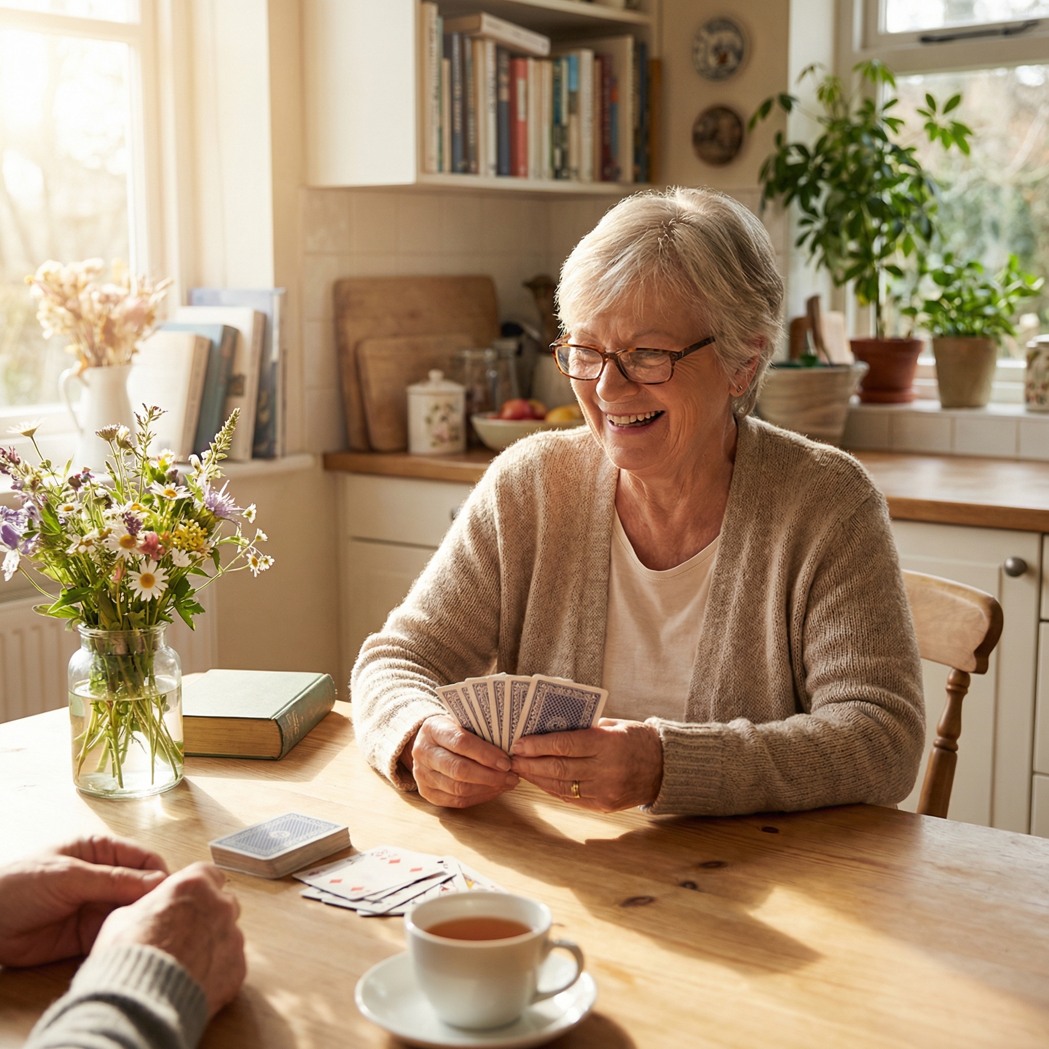 Senior playing cards at kitchen table