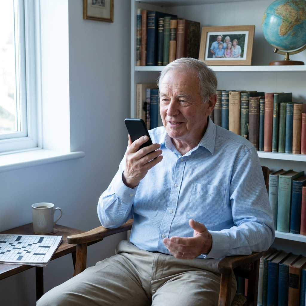 A senior man in a book-lined study talking warmly on speakerphone, holding a smartphone upright in one hand with the screen turned toward himself, in cool morning light