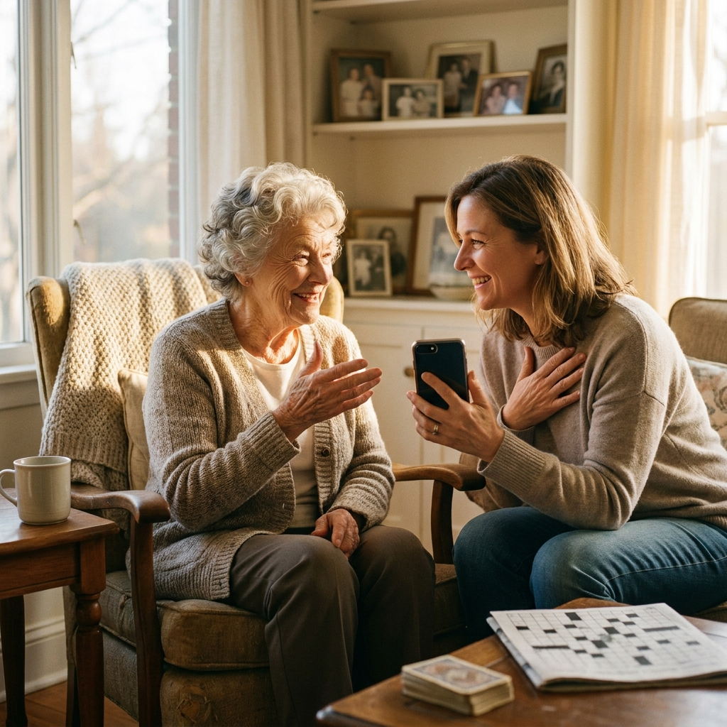 A senior woman smiling and gesturing warmly as she tells a story, with her adult daughter sitting close beside her holding up a phone at a relaxed angle, screen not visible, in a cozy living room with framed family photos and warm golden-hour light