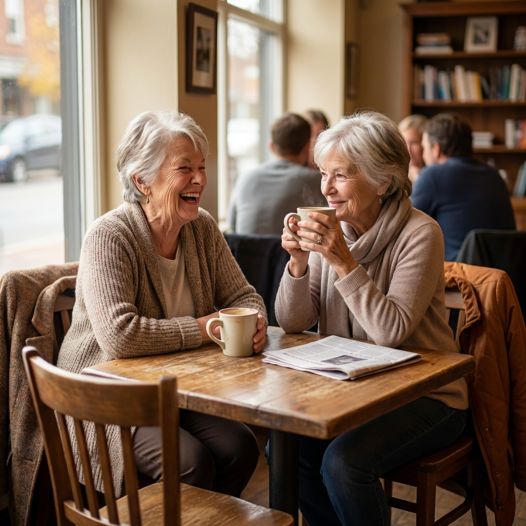 Two senior women laughing together over coffee at a cozy cafe table in warm natural window light