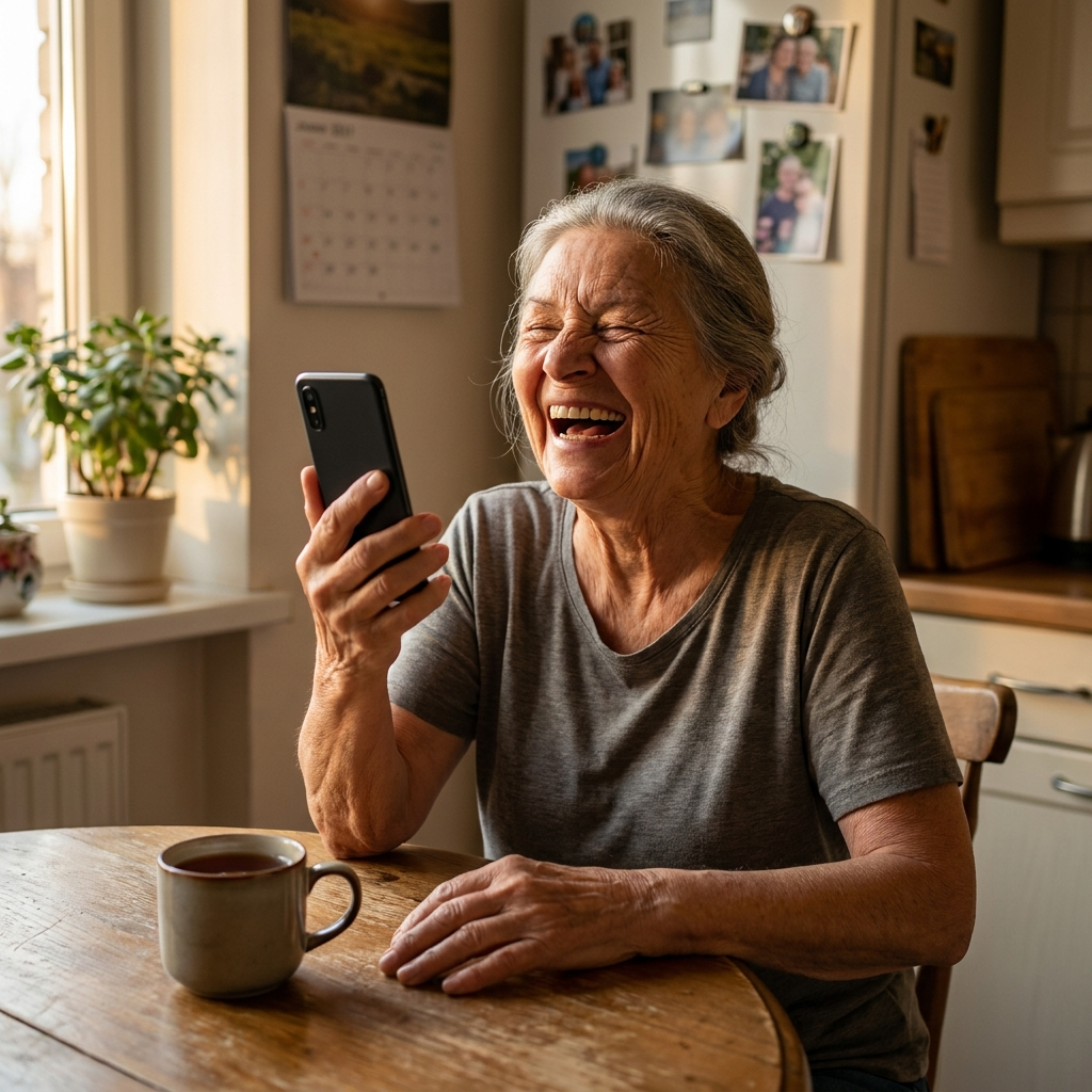 A senior woman laughing hard on a speakerphone call, holding a smartphone at chest height with the screen turned toward herself, at a kitchen table with a mug of tea and family photos on the fridge in warm afternoon light