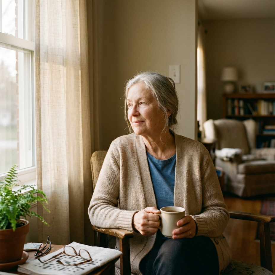 A senior woman in a beige cardigan sitting by a sunlit window holding a mug of tea, gazing quietly outside