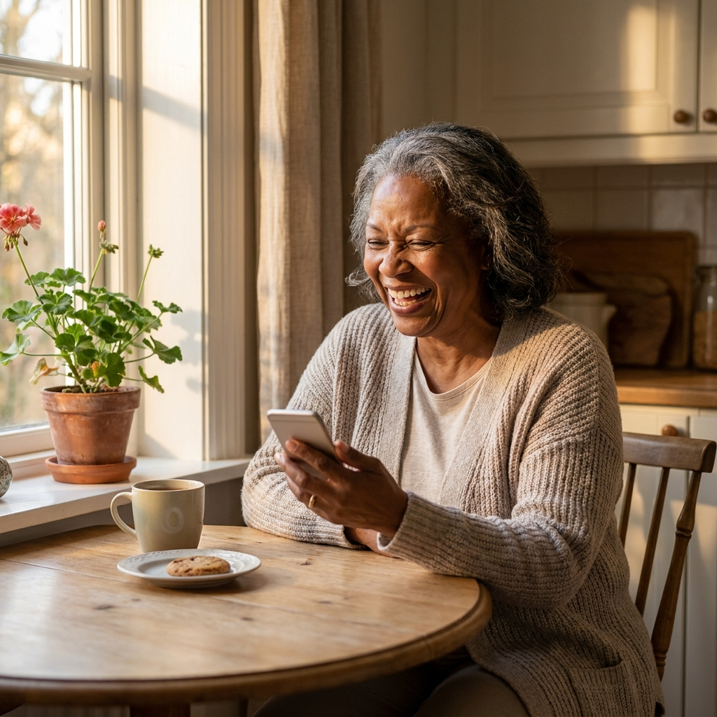 An older woman laughing during a speakerphone call at her kitchen table, holding a smartphone at chest height with the screen turned toward herself, with a mug of tea, a cookie and a geranium on the windowsill in warm late-afternoon light