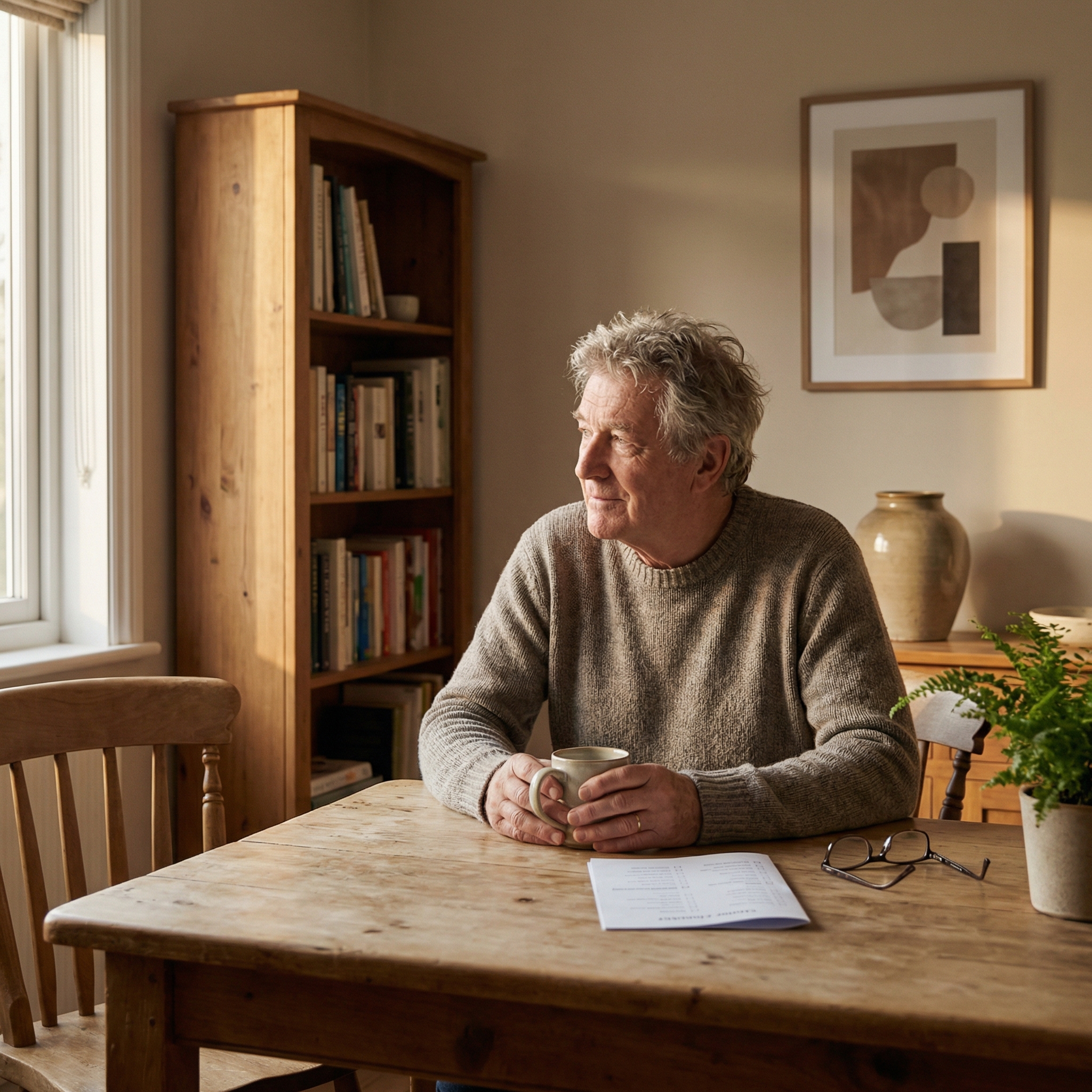 A senior man sitting at a kitchen table in warm morning light with tea and a simple daily checklist